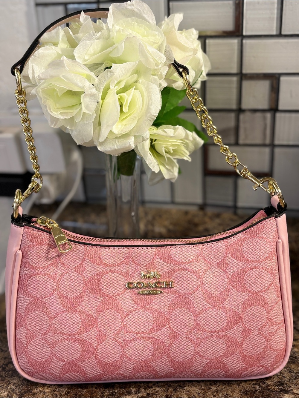 Coach Pink Signature Jacquard Shoulder Bag with Gold Hardware